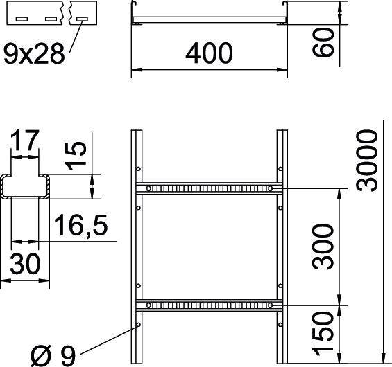 Technische tekening van een rechthoekig rek met afmetingen: breedte 400 mm, hoogte 3000 mm. Gedetailleerde afmetingen van de componenten weergegeven.