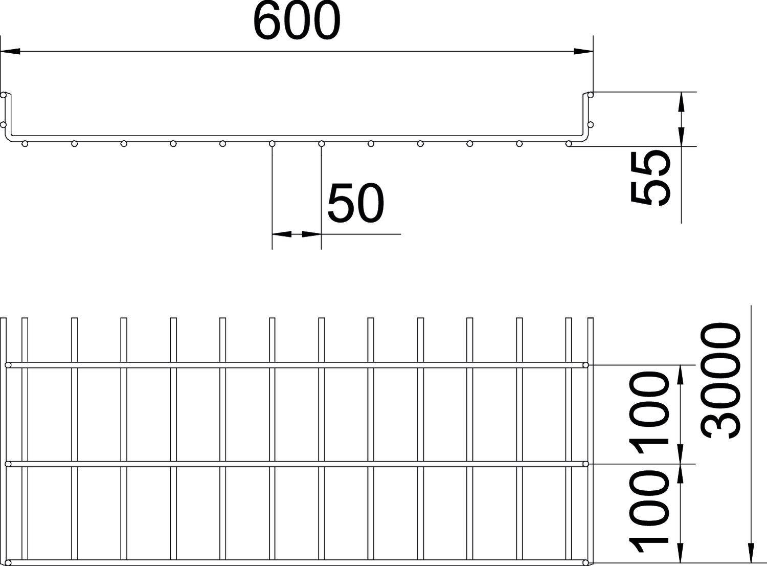 Technische tekening van een rooster met de afmetingen: Breedte 600 mm, Hoogte 55 mm. Verticale staven met een tussenruimte van 50 mm. Totale lengte 3000 mm.