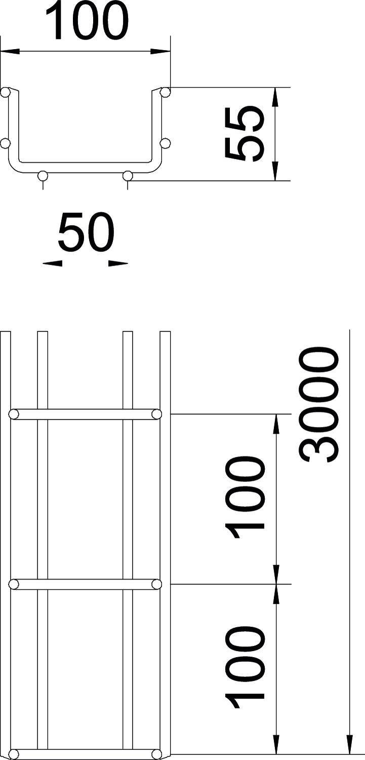 Technische tekening van een metaalstructuur met afmetingen: breedte 100 mm, hoogte 55 mm, diepte 50 mm. Totale hoogte van de structuur: 3000 mm.