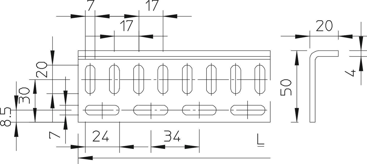 Technische tekening van een metalen hoek met maatvoering: lengte, breedte en afstanden tussen boorgaten zijn aangegeven.