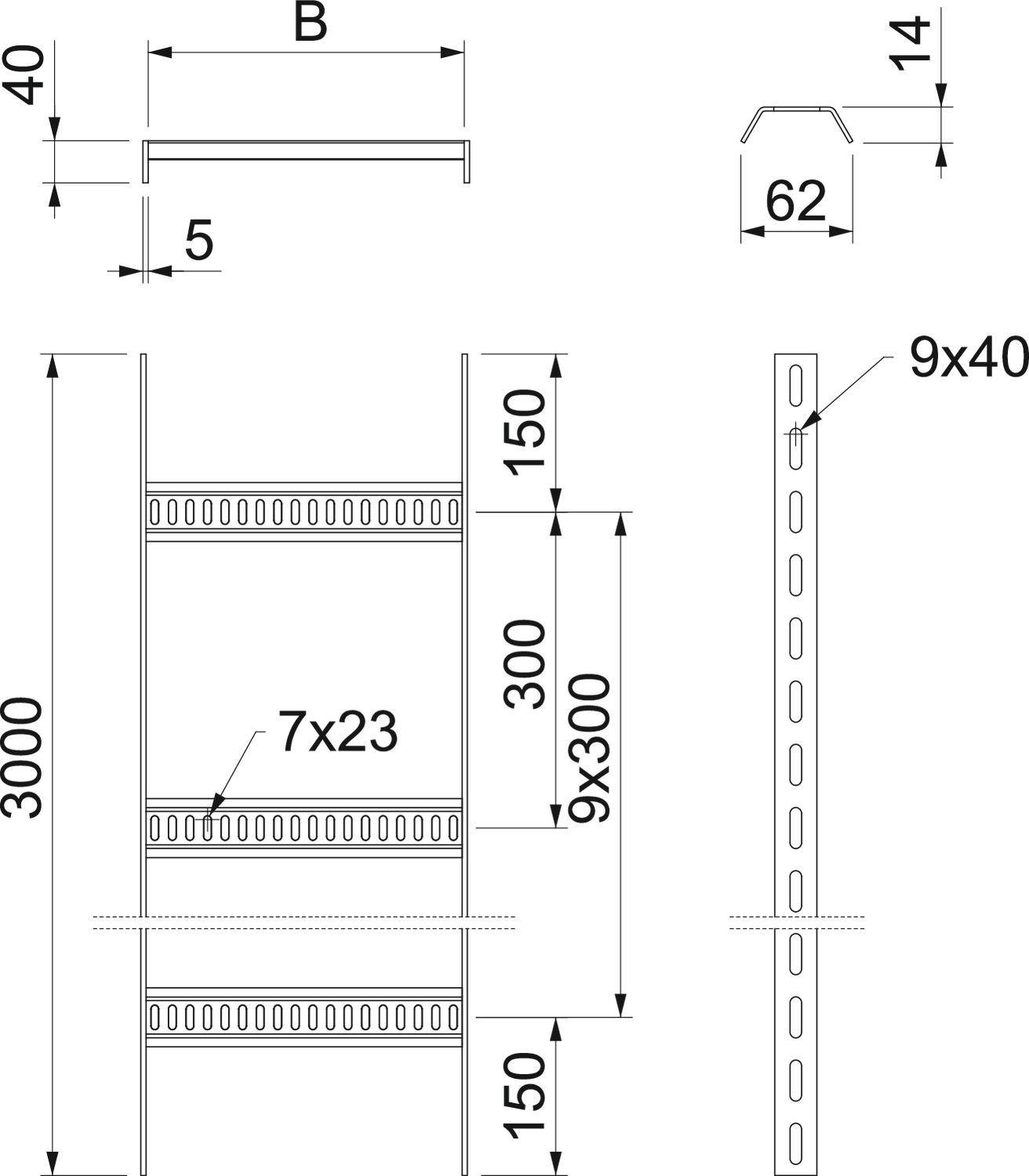 Technische tekening van een rekframe: Hoogte 3000 mm, breedte 40 mm, met gaten 9x40 en planken 7x23. Zijaanzicht en dwarsdoorsnede.