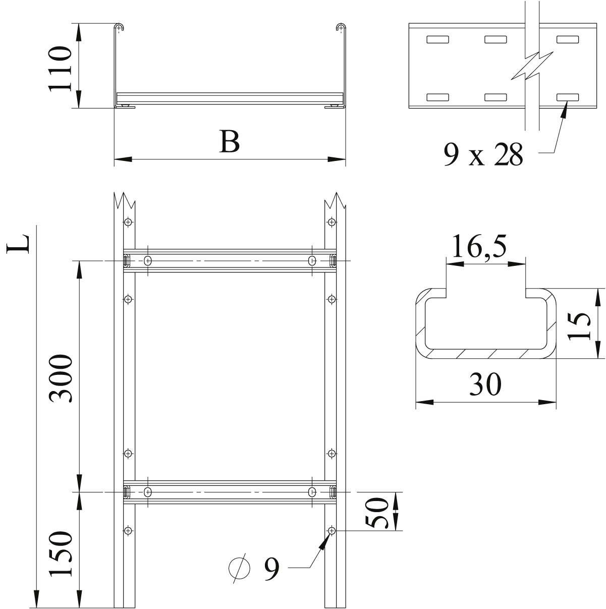 Technische tekening van een rechthoekig frame met afmetingen. Toont afstanden tussen steunen, gatenafmetingen en hoeken. Belangrijke maten: 300, 110, 50.