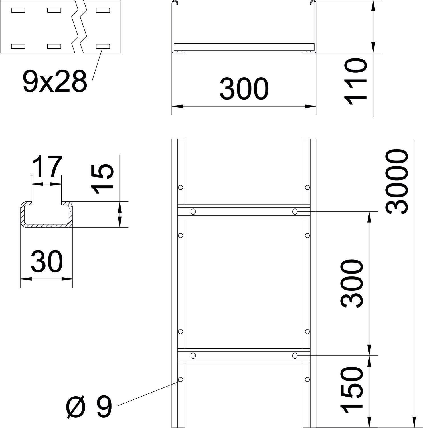 Technische tekening van een metalen rek met afmetingen: 3000 mm hoogte, 300 mm breedte, planken op 300 mm en 150 mm hoogte, boorgaten met Ø 9 mm.