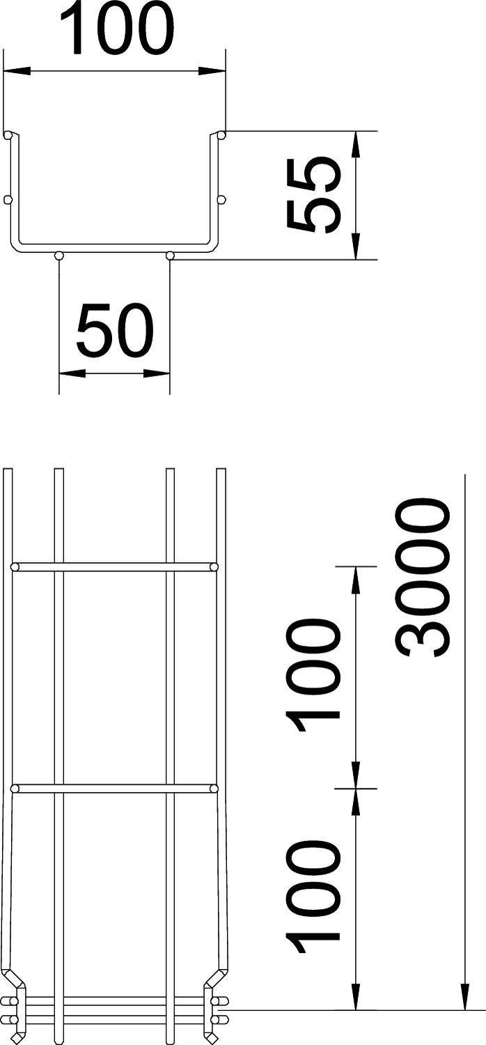 'Technische tekening van een metaalprofiel en een ladderconstuctie. Afmetingen: profielbreedte 100 mm, diepte 50 mm, ladderhoogte 3000 mm.'