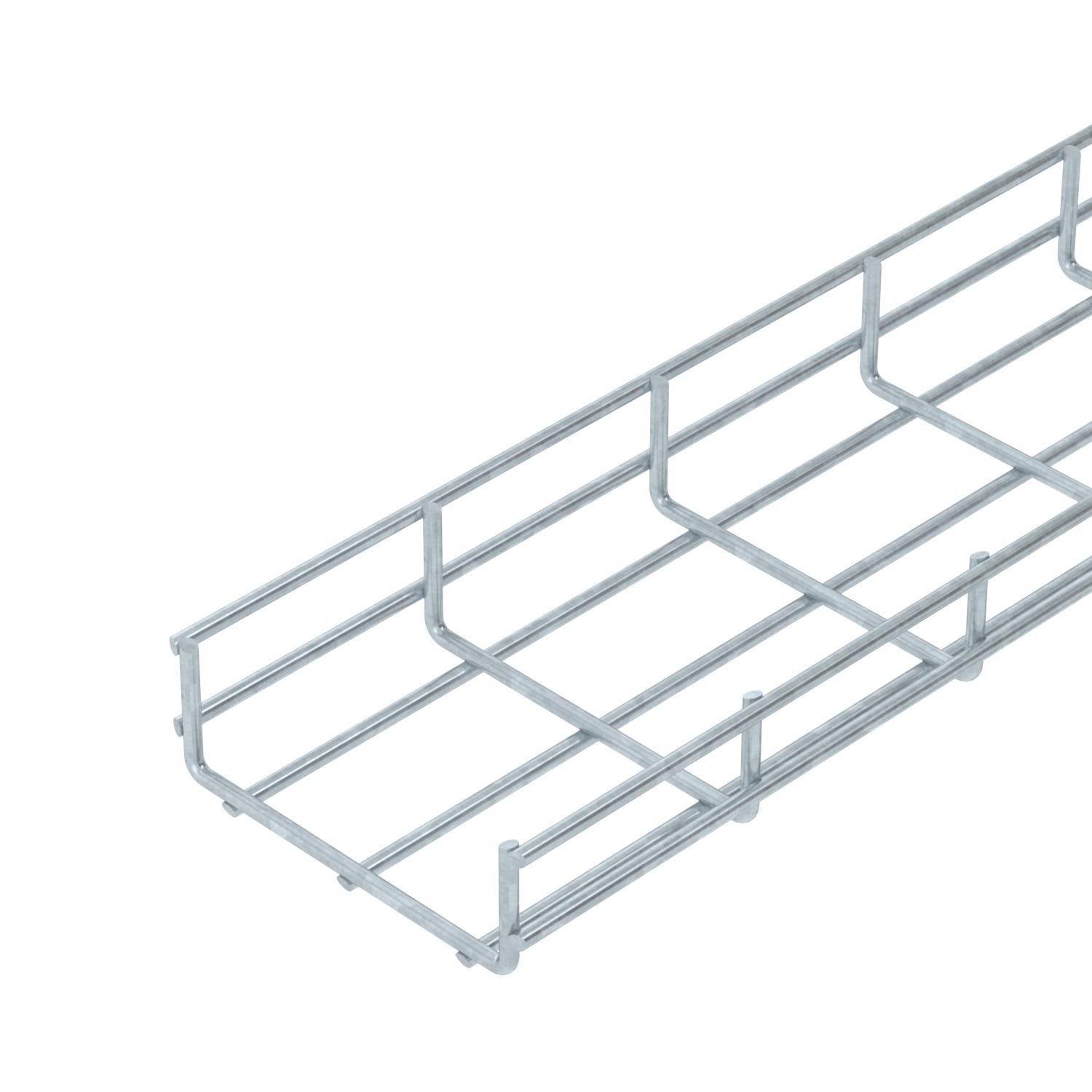 Metalen rasterkabelgoot in rechthoekige vorm, geschikt voor nette kabelaanleg in industriële of commerciële omgevingen.