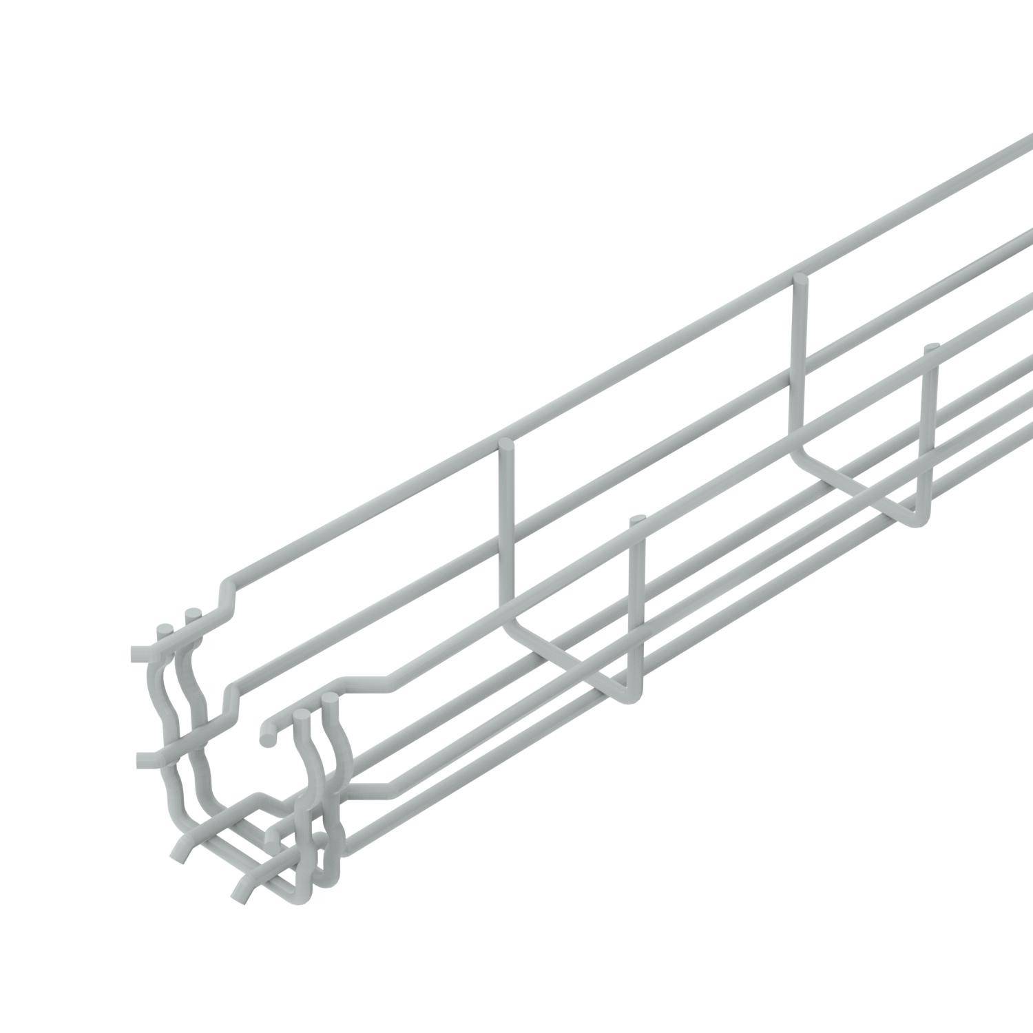 Een wit metalen kabelgoot met meerdere dwarsbalken en een open bodem, bedoeld voor kabelorganisatie aan de muur of het plafond.