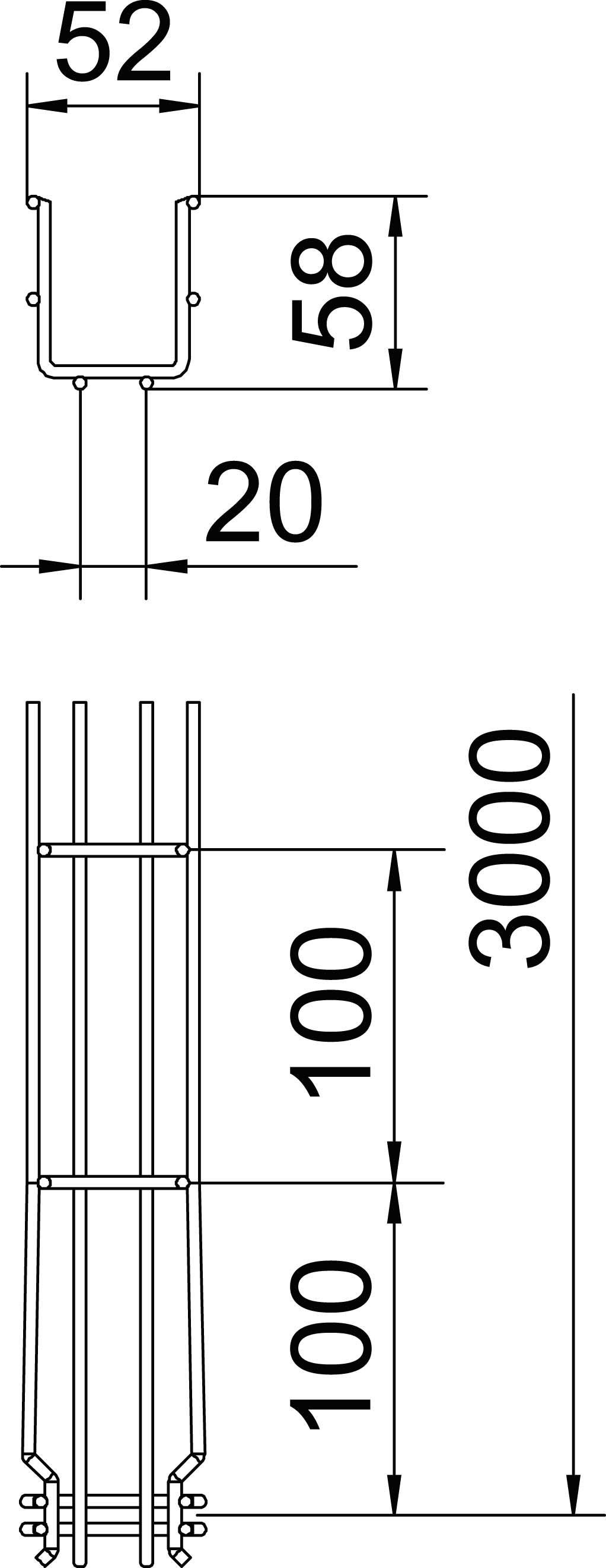 Technische tekening: Dwarsdoorsnede van een component met afmetingen 52x58x20 mm en een totale hoogte van 3000 mm, onderverdeeld in 3 secties van elk 100 mm.