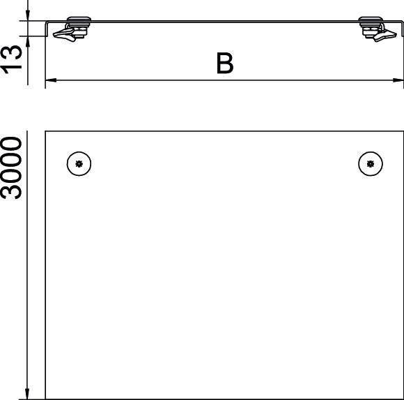Technische tekening van een rechthoek, 3000 mm hoog, met twee montagepunten bovenaan. Totale breedte 'B', hoogte van montagepunt 13 mm.