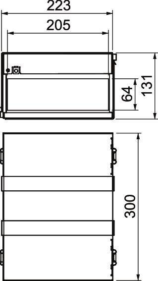 Technische tekening van een rechthoekige doos met twee aanzichten. Boven afmetingen: Breedte 223, Diepte 205, Hoogte 131, daaronder hoogte 300.