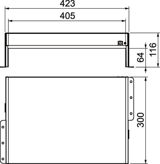 Technische tekening van een rechthoekig apparaat met afmetingen: 423 x 116 x 300 millimeter. Toont frontale en zij-aanzicht.