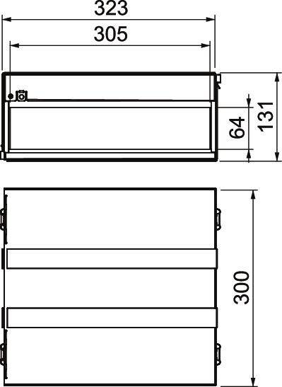 Technische tekening van een rechthoekig object met de volgende afmetingen: breedte 323 mm, hoogte 300 mm, diepte 131 mm.