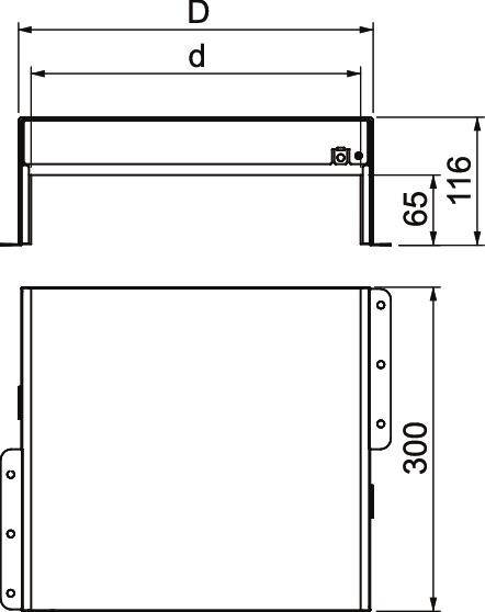 Technische tekening van een rechthoekig koelmodule met de afmetingen: breedte 'D', diepte 'd', hoogte 116 mm, 300 mm breedte, 65 mm rand.