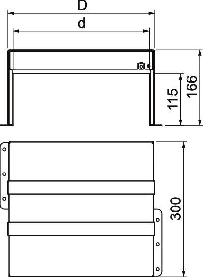 Technische tekening van een rechthoekige container met twee verschillende hoogte-aanduidingen: 115 mm en 166 mm. Totale breedte D, binnenbreedte d. Bovenaanzicht en zijaanzicht met gedetailleerde weergave.