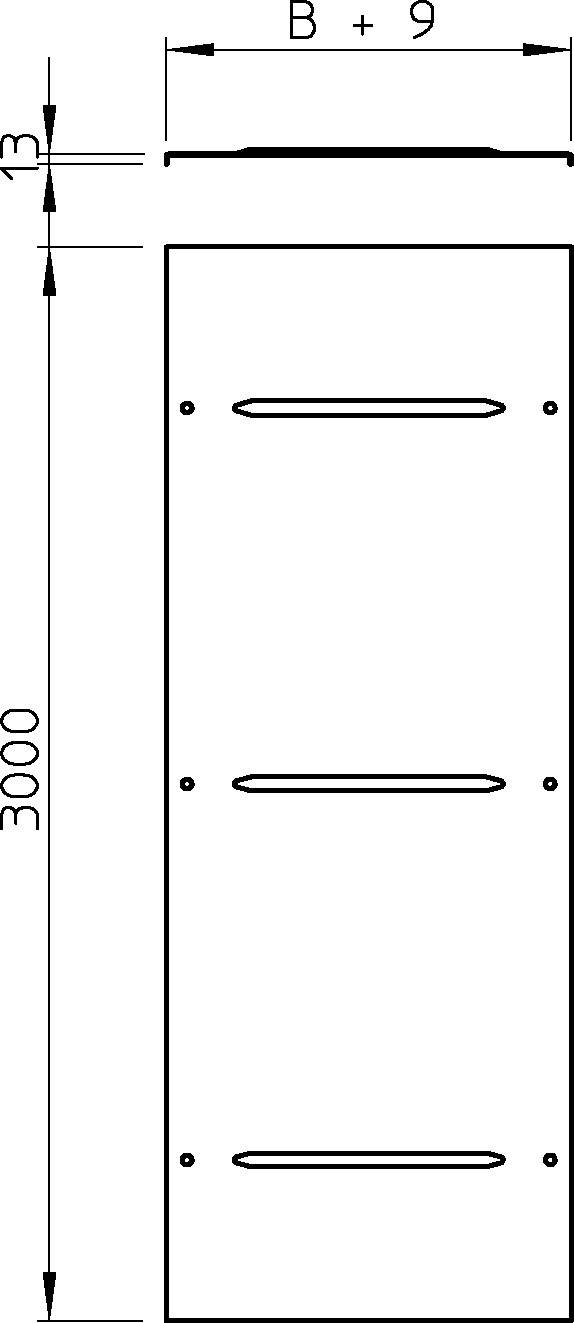 Technische tekening van een rechthoekig metalen plaatwerk, 3000 mm lang, met drie horizontale sleuven en gedefinieerde breedte (B+9 mm).