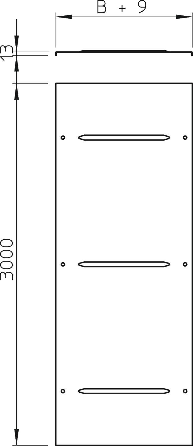 Technische tekening van een rechthoekig paneel met afmetingen 3000 x B+9 en een dikte van 13. Er zijn drie horizontale sleuven.