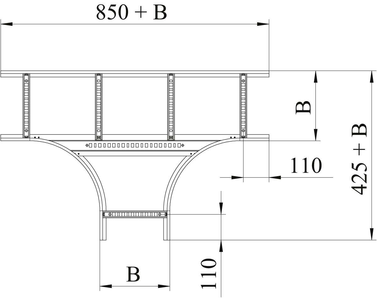 Technische tekening van een brugdoorsnede met afmetingen: totale breedte '850 + B' en hoogte '425 + B'.