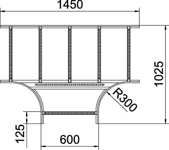 Architectonische tekening van een gestructureerde, rechthoekige brug met afmetingen: breedte 1450 mm, hoogte 1025 mm, boogstraal 300 mm.