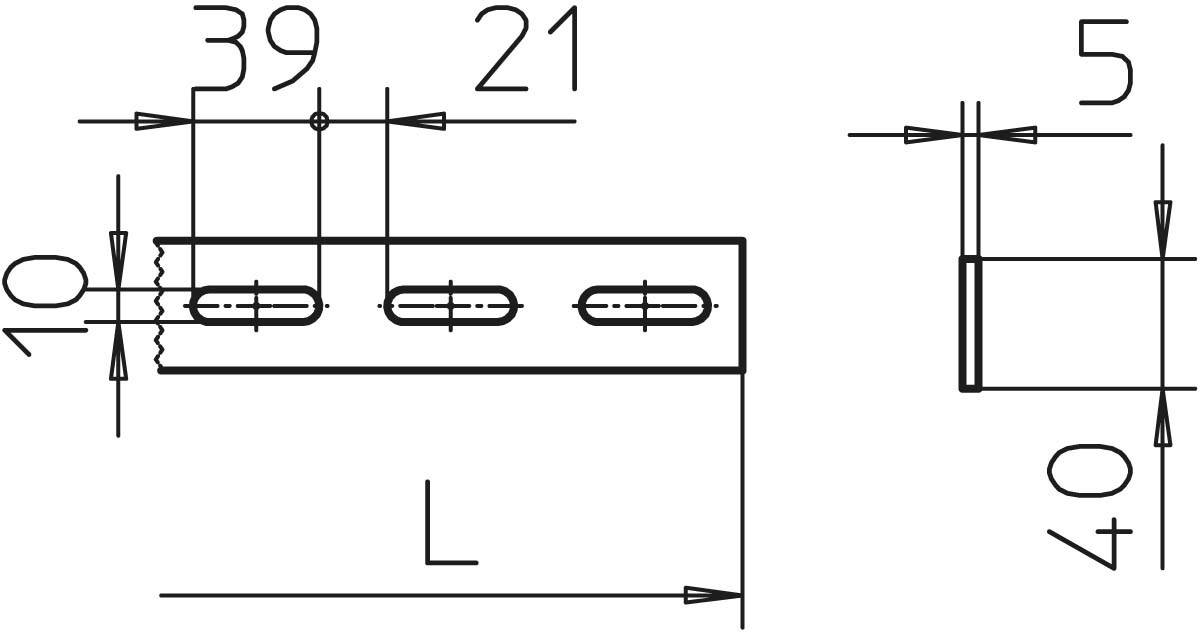 Technische tekening van een rechthoekig metalen profiel met drie ovale gaten. Afmetingen: lengte (L), breedte 10 mm, gaten 39 mm en 21 mm verschoven.