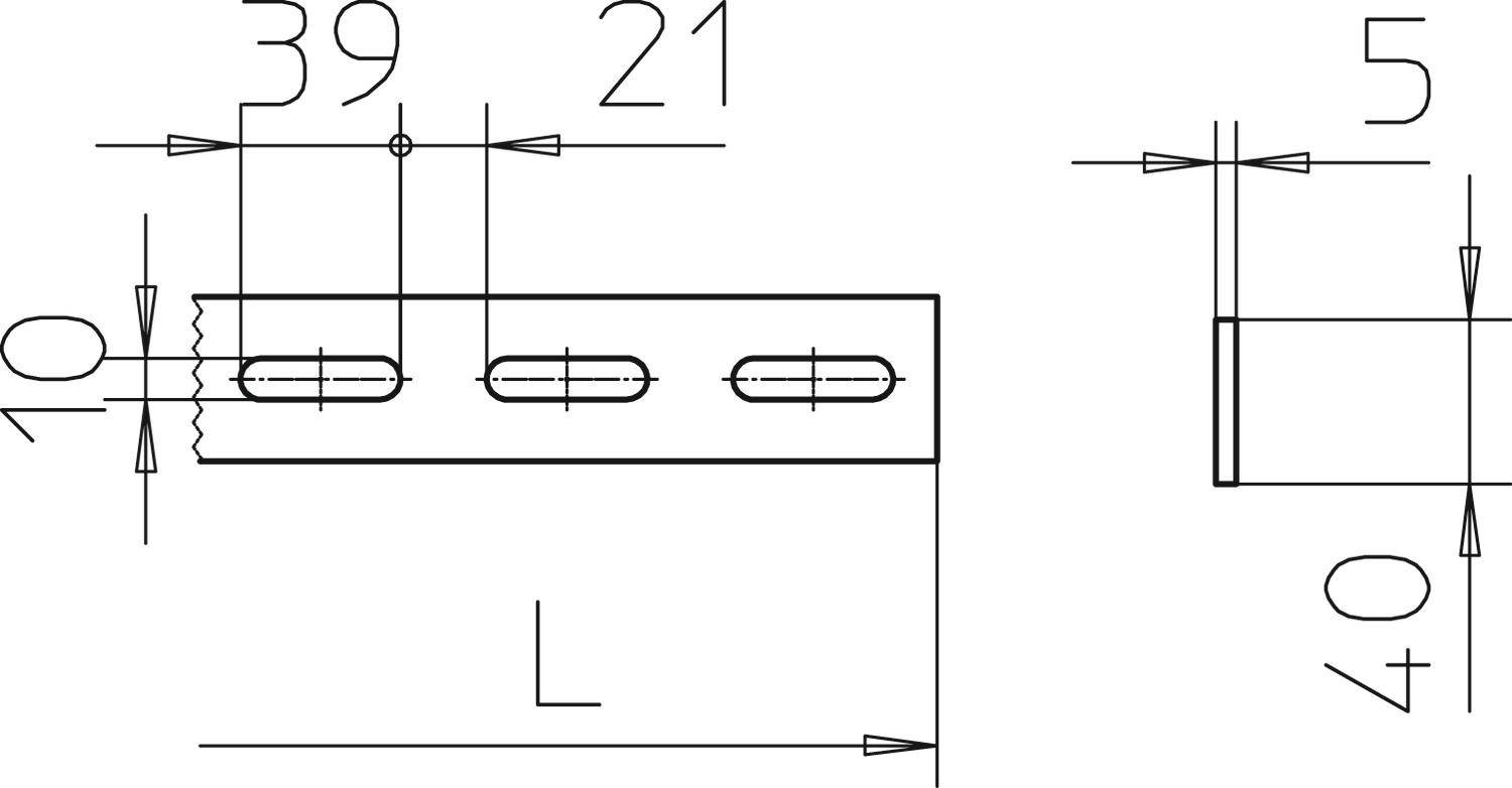 Technische tekening van een metalen onderdeel met boringen, afmetingen in millimeters aangegeven: 39, 21, lengte L, hoogte 40, breedte 5, diameter 10.