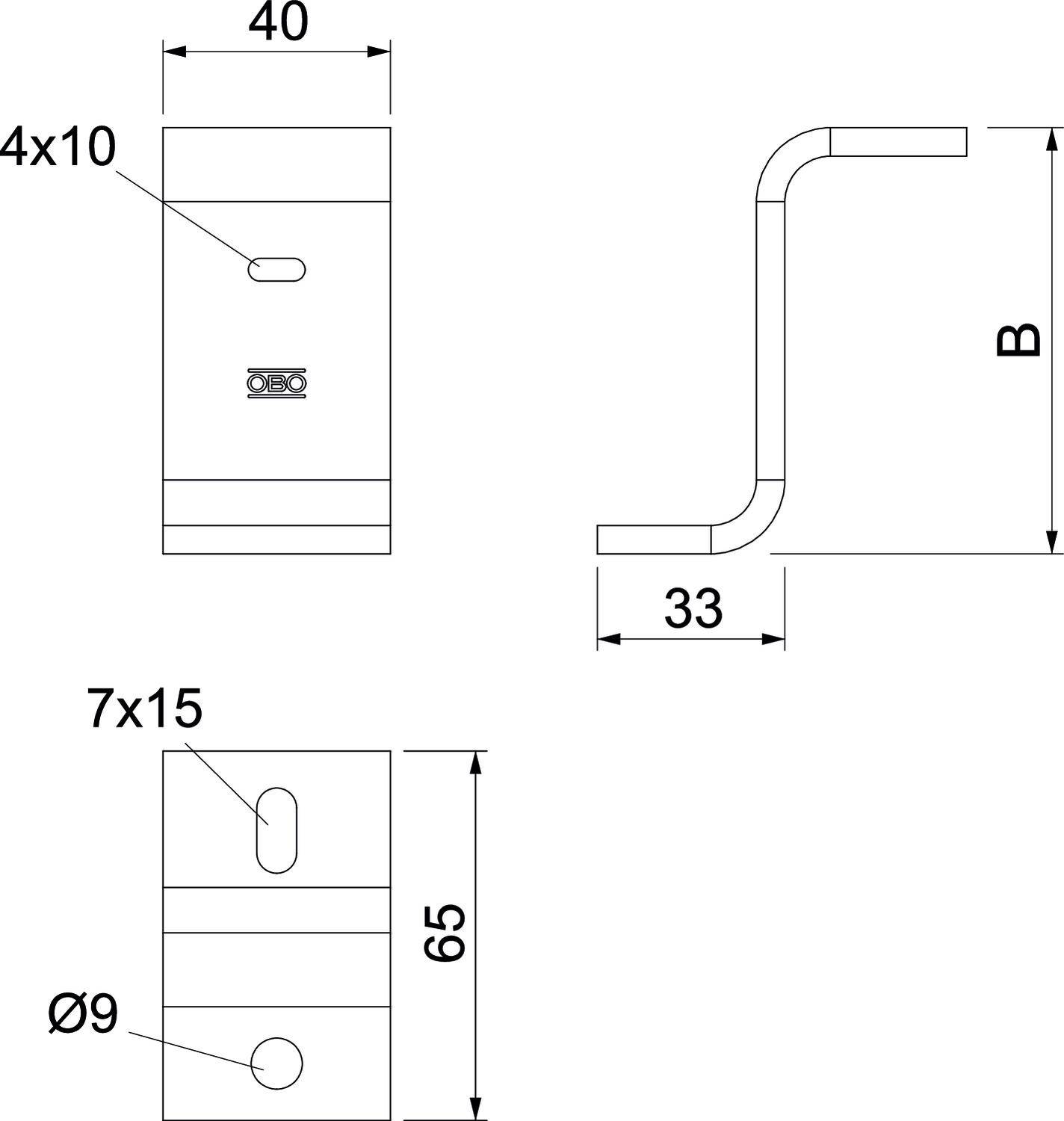 Technische tekening van een beugel met afmetingen: Bovenzijde 40x10, zijdelingse buiging 33, totale hoogte 65. Schroefgaten ø9, 7x15.