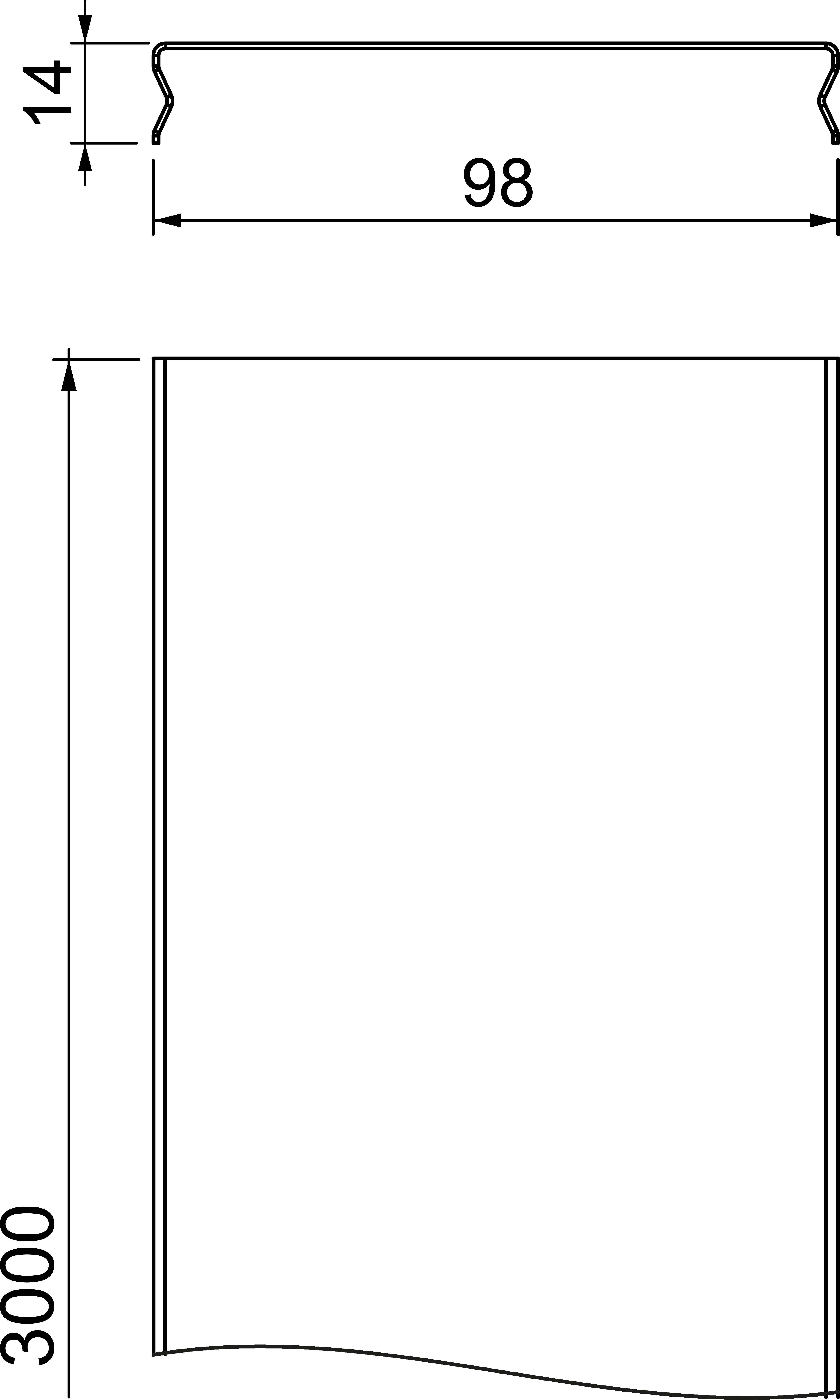 Technische tekening van een rechthoekig onderdeel met de afmetingen: hoogte 14, breedte 98 en lengte 3000 millimeter.