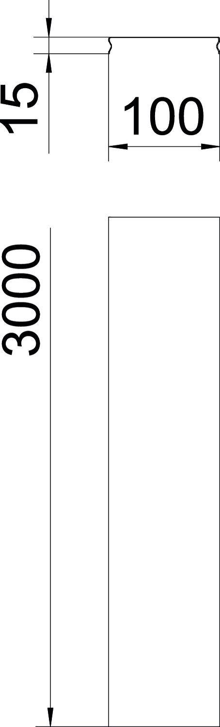 'Technische tekening van een rechthoekig object. Afmetingen: lengte 3000, breedte 100, dikte 15.'