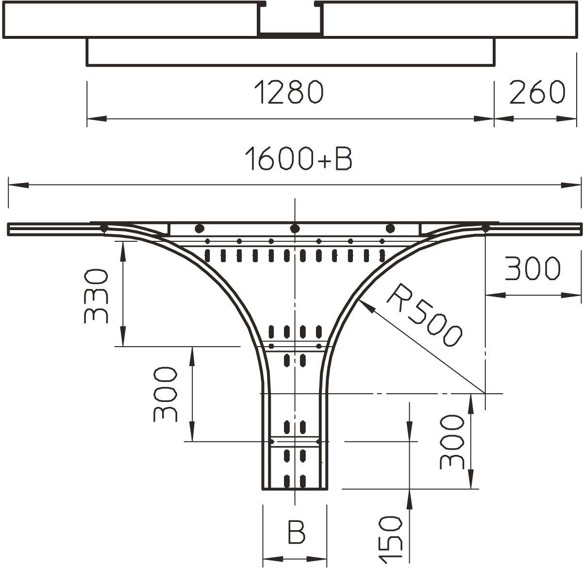 'Technical drawing of a T-shaped structure with dimensions. Width is 1600+B mm, height 660 mm, radius R500 mm, various other measurements indicated.'