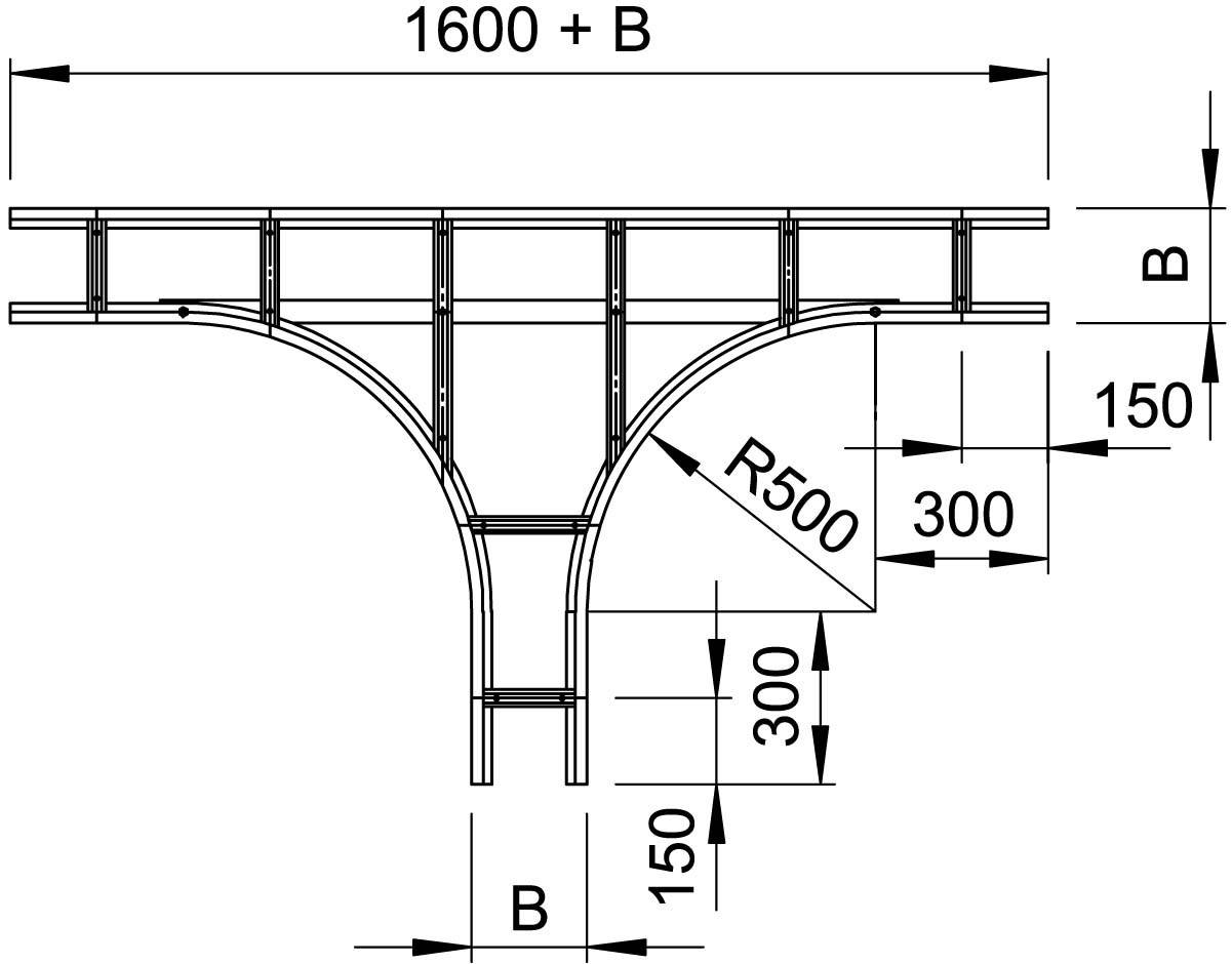 'Technische tekening van een leidingsysteem met afmetingen en stralen. T-vorm toont hoofdleiding met 1600 mm lengte plus variabele breedte B.'