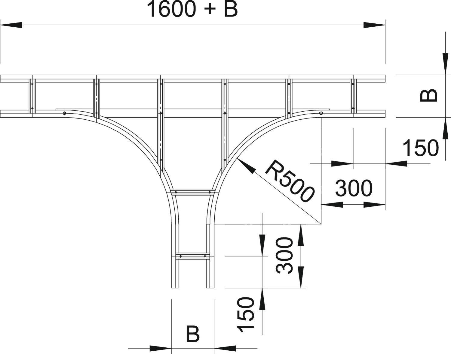 Constructietekening van een plafondligger met maten: Totale lengte 1600 + B, boogstraal R500, hoogte 300, breedte B.