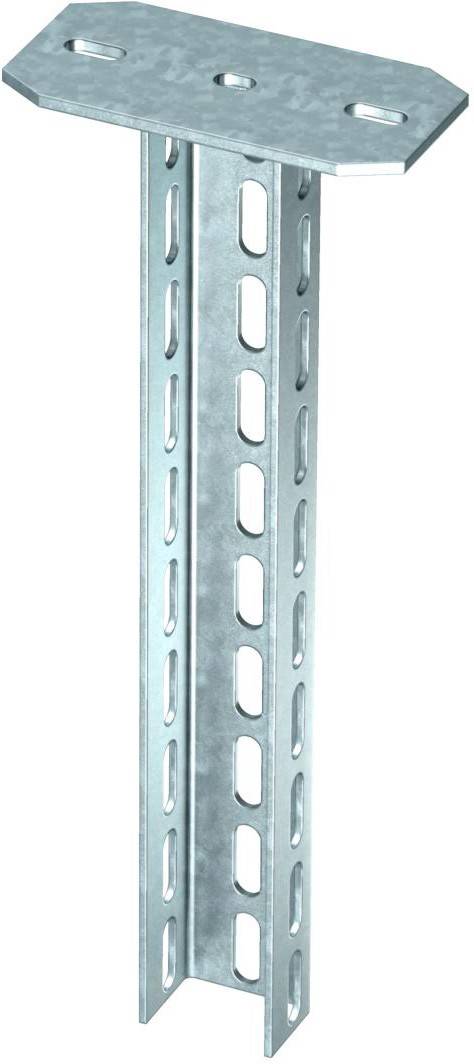 Een verticale, verzinkte stalen steun met rechthoekige voet, geperforeerd voor montagedoeleinden. Gebruikt in bouw- en assemblagetoepassingen.