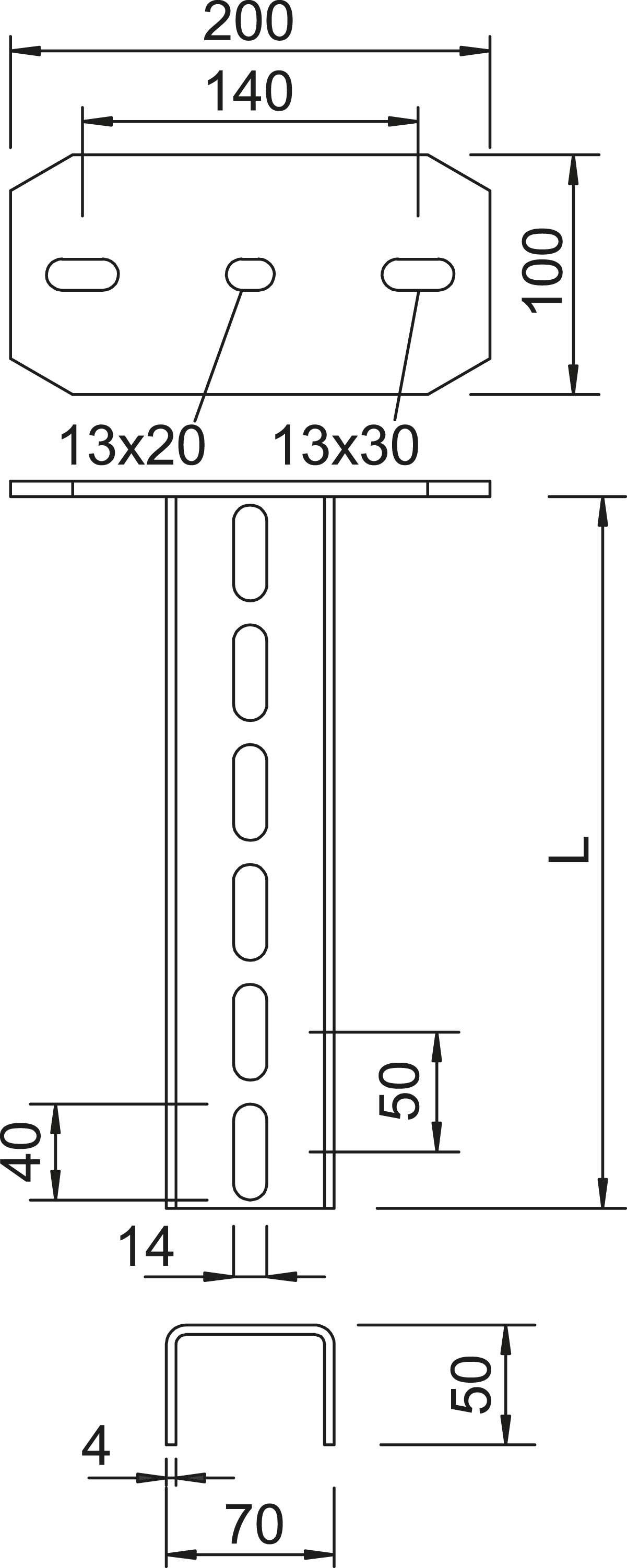 Technische tekening van een metalen profiel met afmetingen. Bovenaan twee ovale gaten, talrijke gaten verticaal in het midden, afmetingen aangegeven in millimeters.