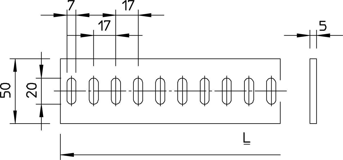 Technische tekening van een rechthoekig onderdeel. Afmetingen: 50 x 20 mm. Gelijkmatig verdeelde boorgaten met 17 mm tussenruimte.