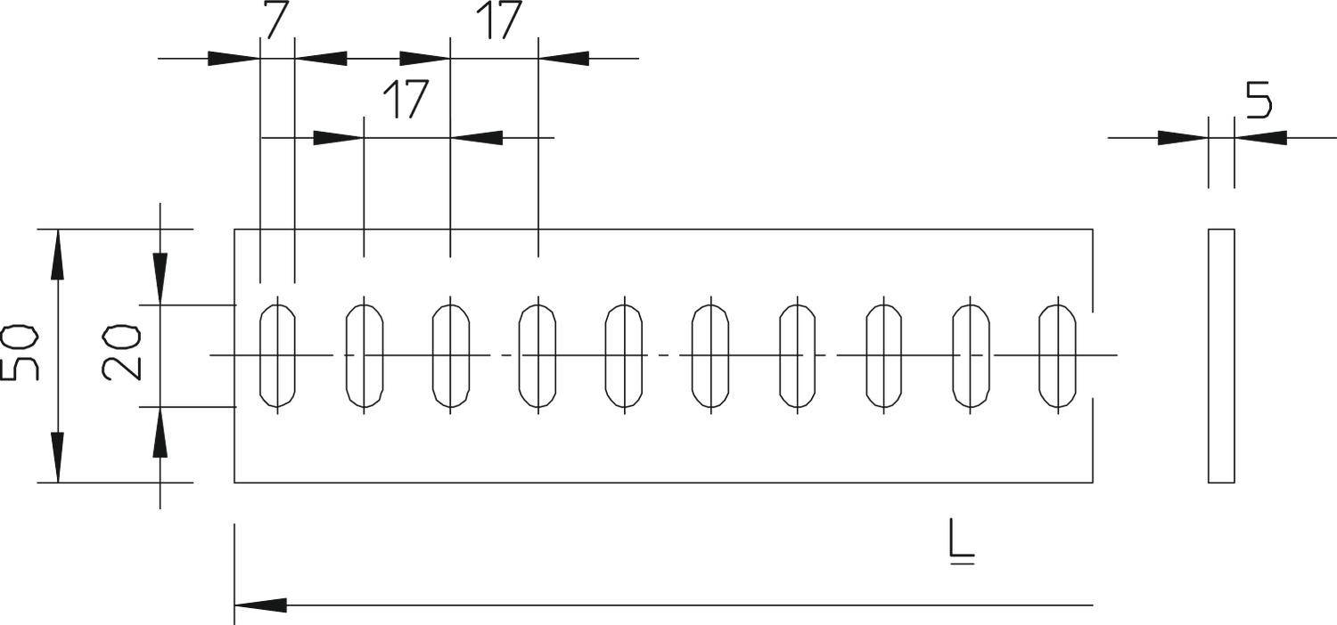 'Technische tekening van een rechthoekig object met twaalf ovale uitsparingen in twee rijen. Afmetingen: hoogte 50, breedte 20, afstand tussen uitsparingen 17.'