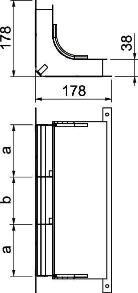 Technische tekening van een rechthoekig element met afmetingen: hoogte boven 178 mm, breedte 178 mm, breedte onder 'a', hoogte 'b', dikte 38 mm.