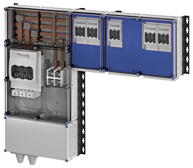 'Elektriciteitskastjes met zichtbare kabels en aansluitingen. Behuizing toont verschillende secties voor de organisatie van elektrische componenten.'