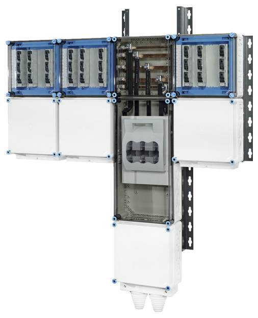 Een schakelkast met meerdere blauwe modules en schakelingen. Wordt gebruikt voor de distributie en beveiliging van elektrische leidingen.