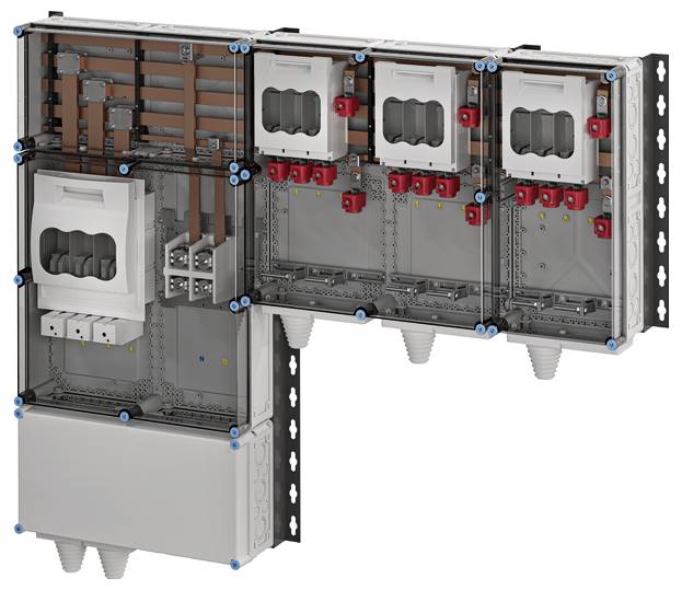 Elektrische verdeelkast met meerdere compartimenten, bekabeling en aansluitingen. Binnenaanzicht en systeemstructuur worden getoond.