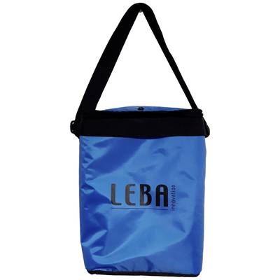 Een blauwe tas met een zwarte draagriem en de opdruk 'LEBA innovation'.