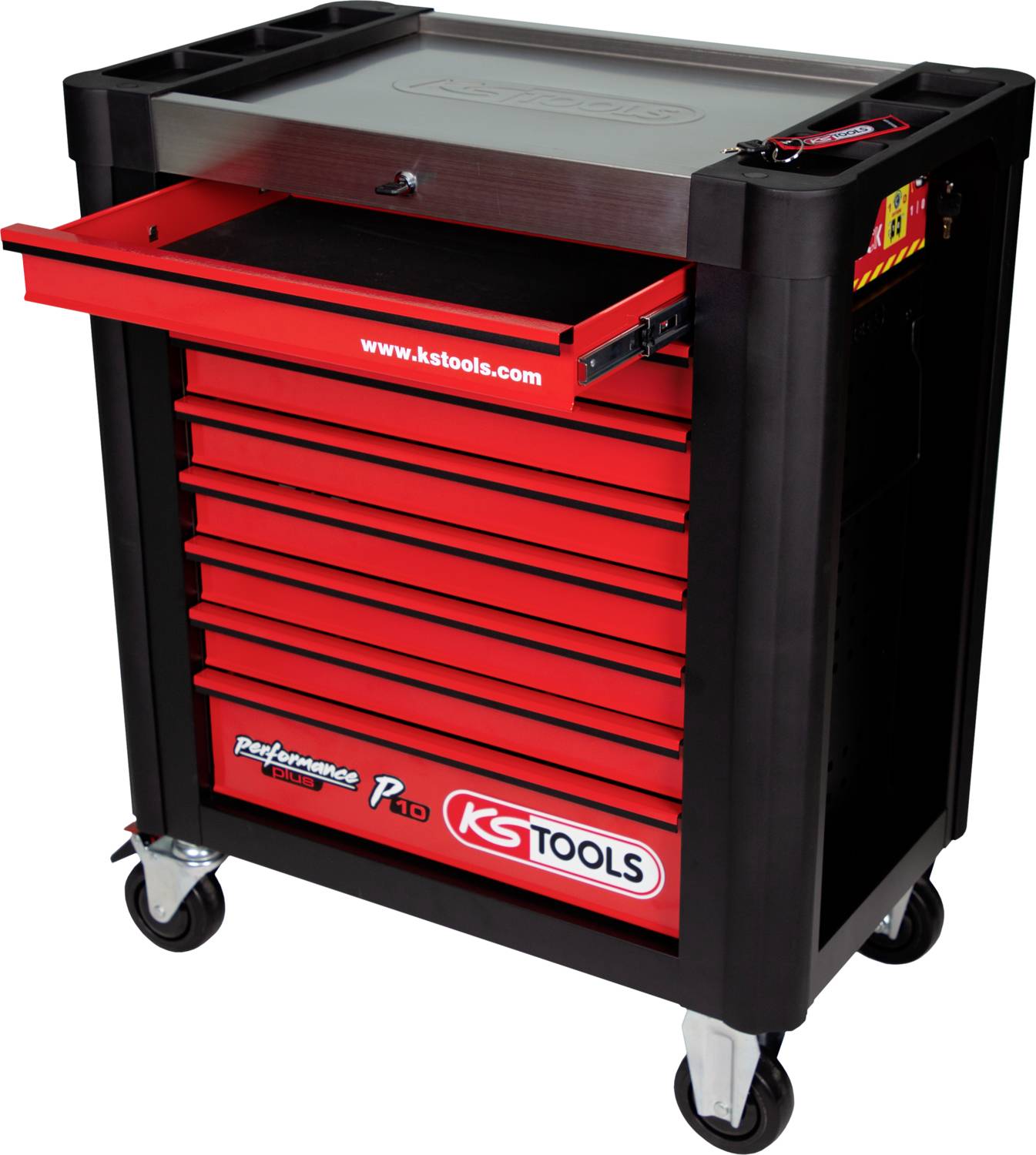 Zwarte gereedschapswagen met zeven rode laden van KS Tools, gemonteerd op wielen. 'www.kstools.com' staat op de voorkant.