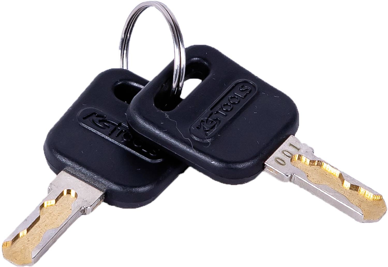 Twee zwarte sleutels met gouden metalen punten hangen aan een kleine sleutelring.