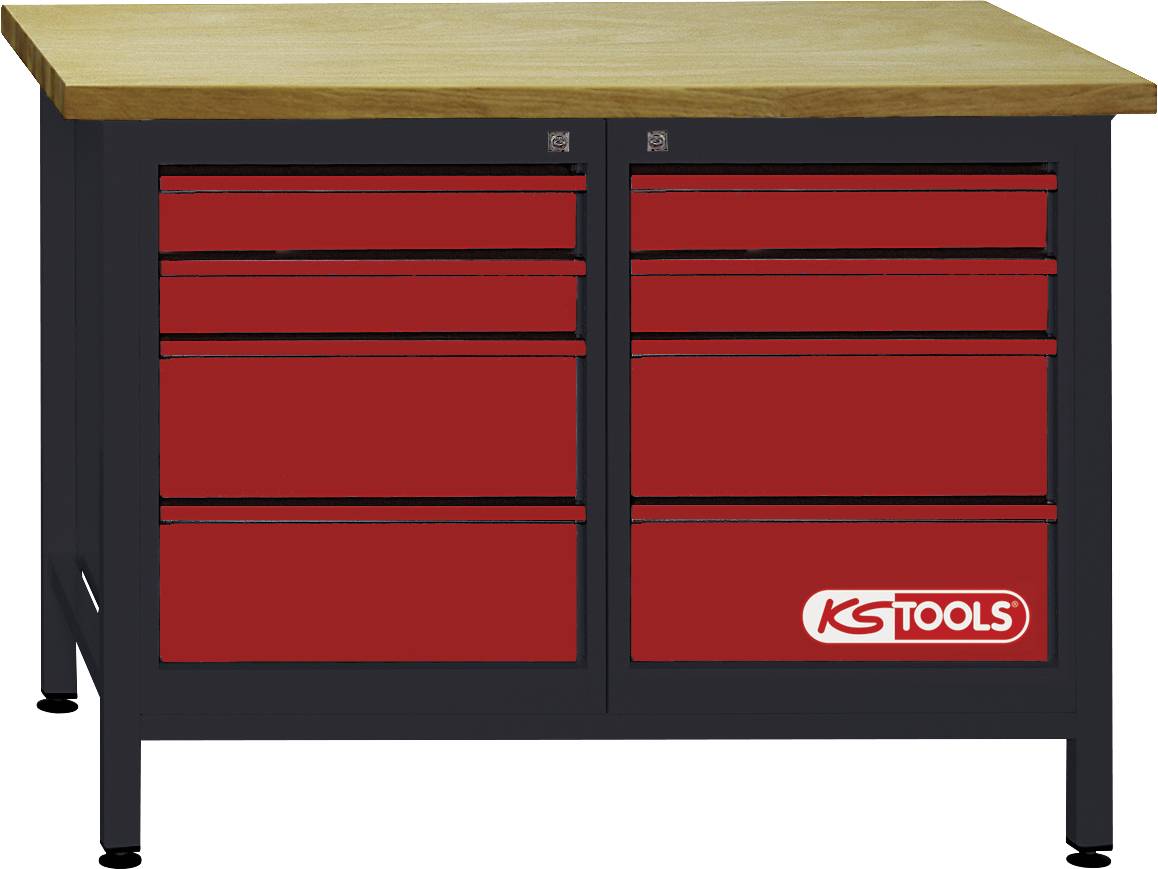 Rode gereedschapskast met meerdere laden en een houten werkblad, gemarkeerd met 'KS Tools'.