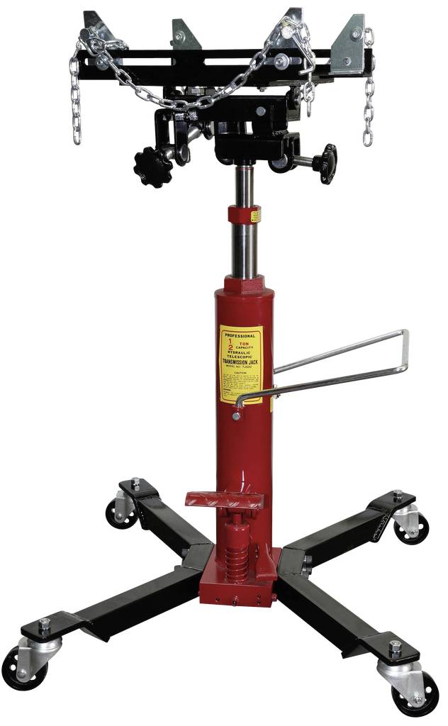 Hydraulische transmissie-hefinstallatie op wielen, rood, met kettingen voor het zekeren van lasten. Verstelbare hoogte, geschikt voor werkplaatsen.