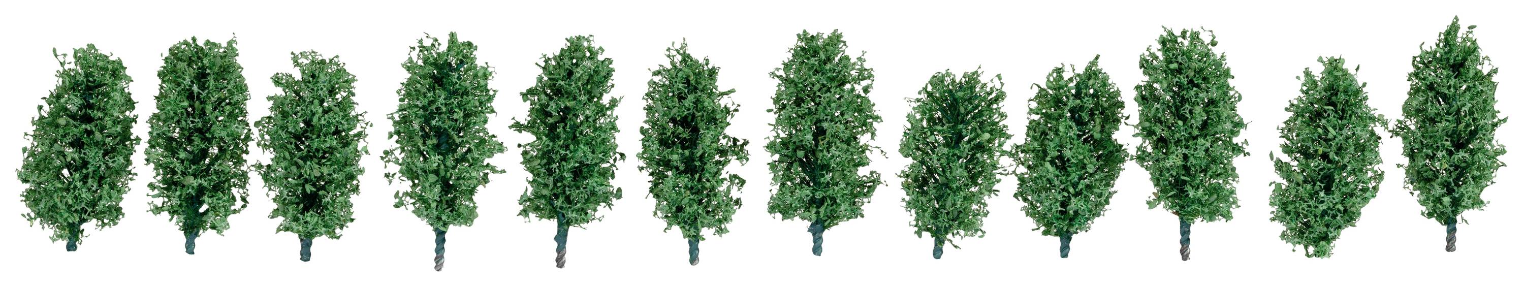 Een rij van gelijkmatig verdeelde, kleine, groene modelbomen op een witte achtergrond.