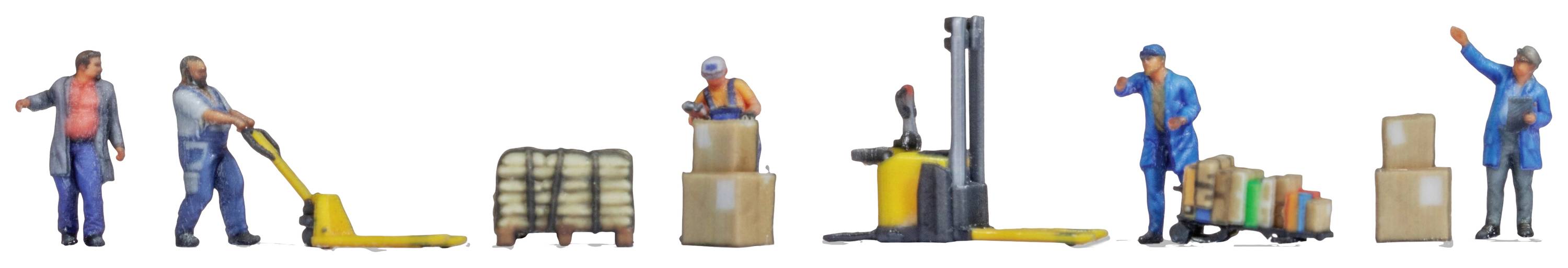Een serie miniatuurfiguren die verschillende magazijnwerkzaamheden uitbeelden: pallets verplaatsen, vorkheftruck rijden, dozen stapelen.