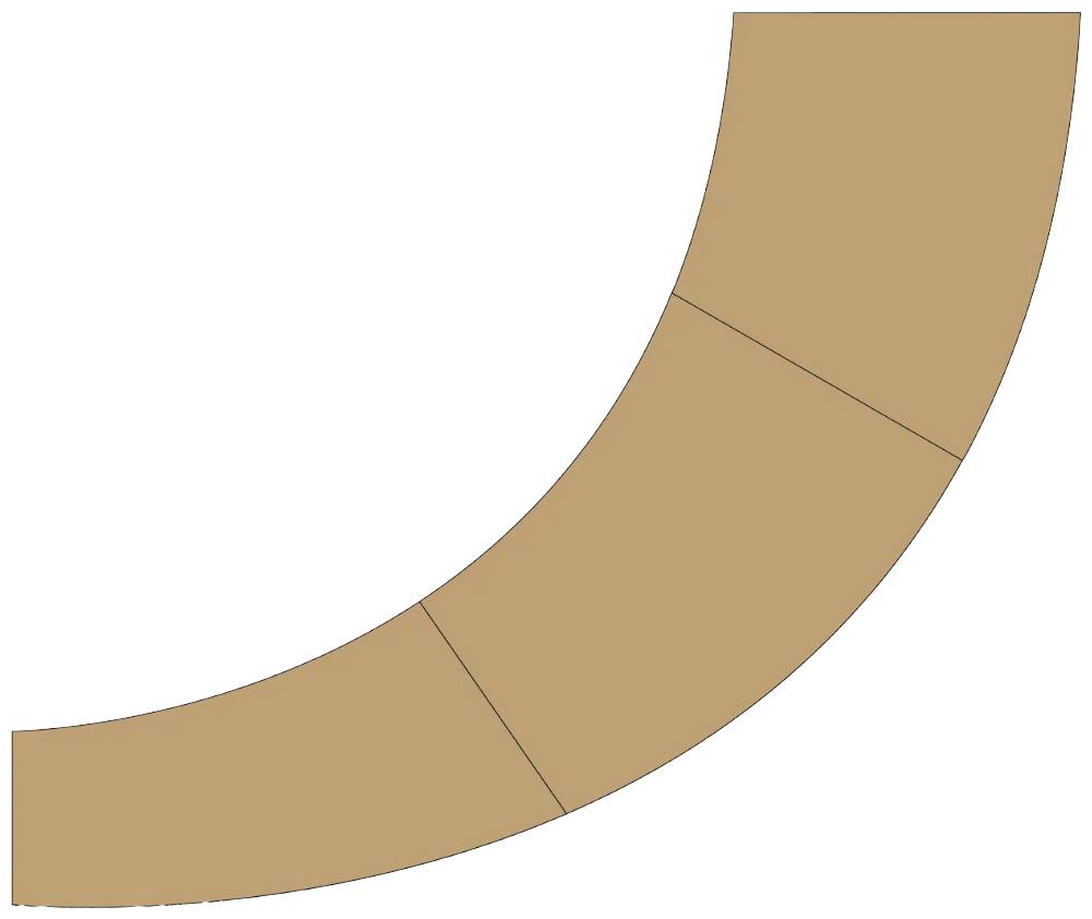 Bruin curvestuk met drie secties. Achtergrond in wit.