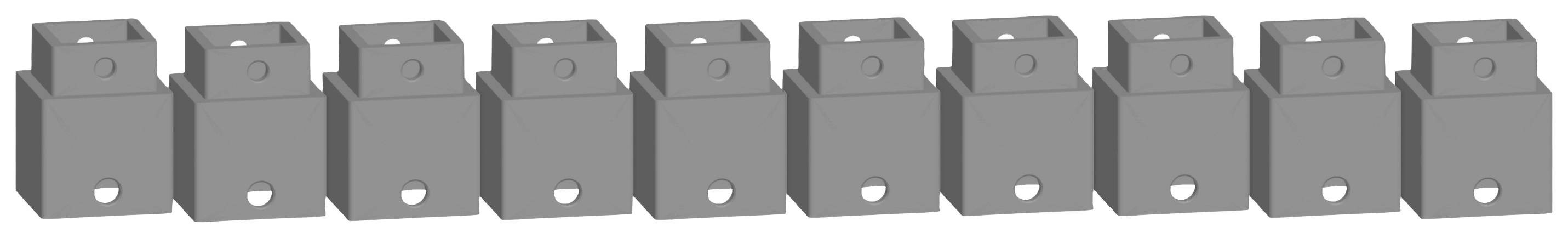 Acht gelijkmatige, grijze metalen hoeken, naast elkaar gerangschikt, met gaten voor schroeven. Ze zijn geschikt voor bouw- of montage-doeleinden.