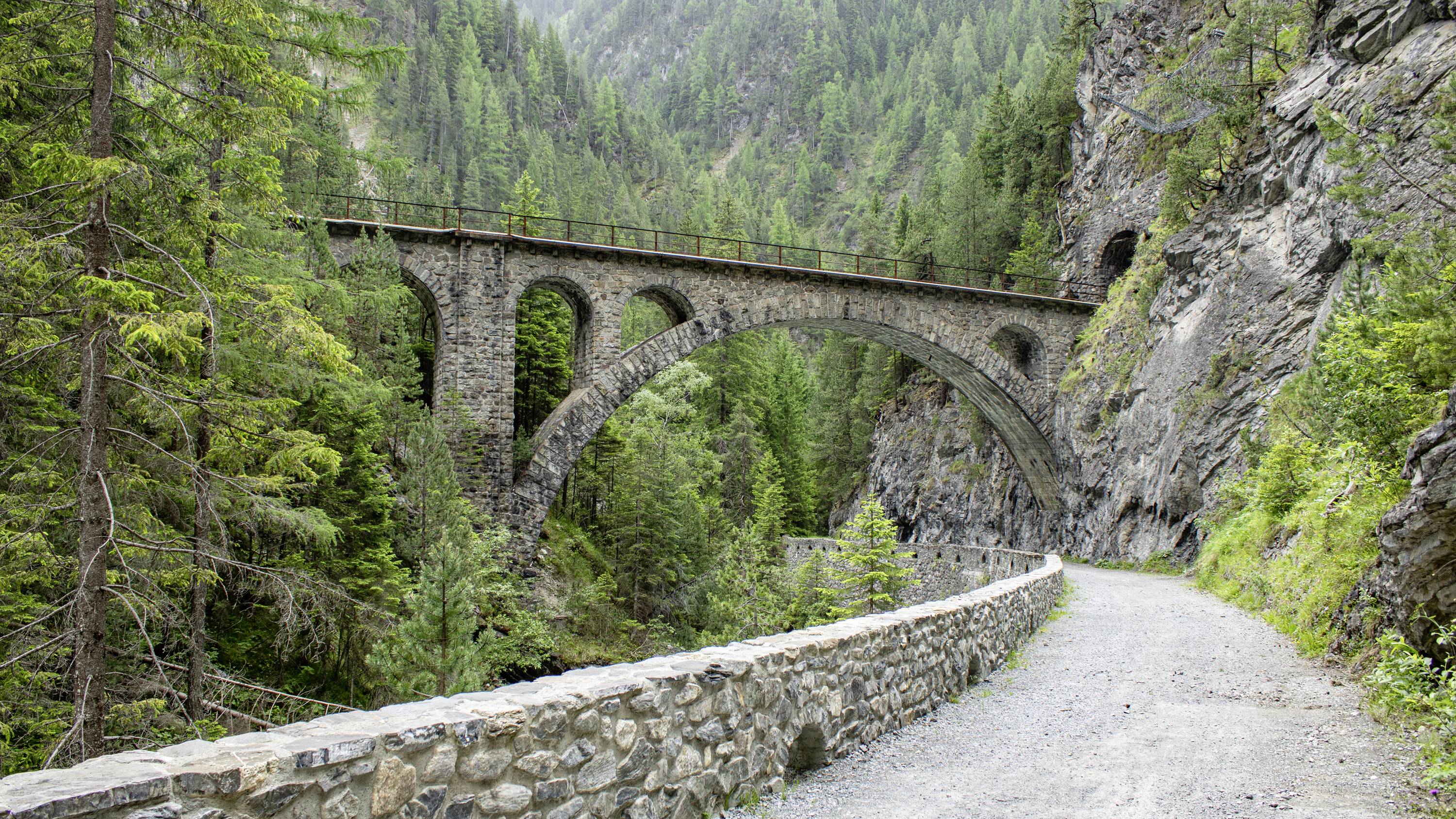 Een oude stenen brug overspant een groene kloof, omgeven door dichte naaldbossen. Een smal pad leidt erheen.