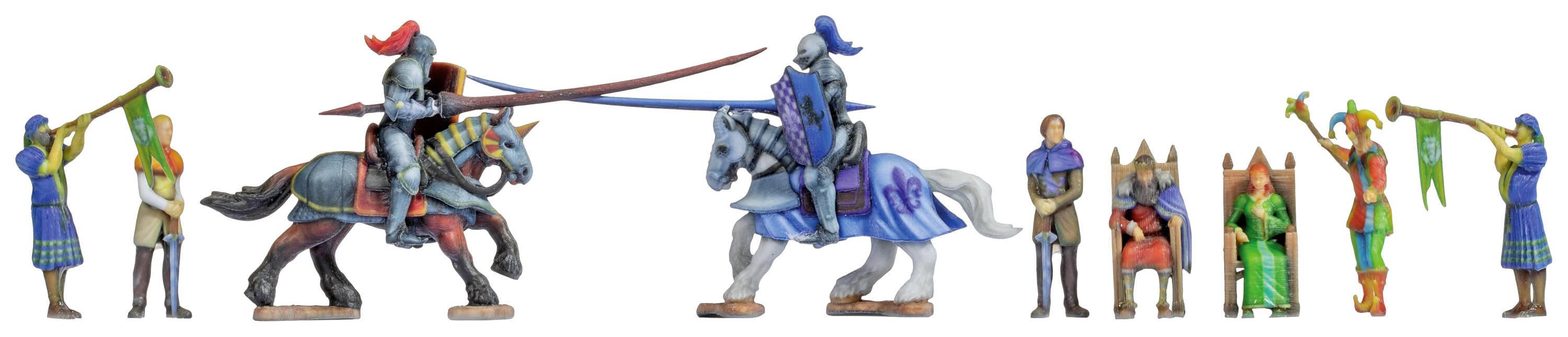 Twee ridders op paarden met lansen bestrijden elkaar, geflankeerd door figuren die trompet spelen.