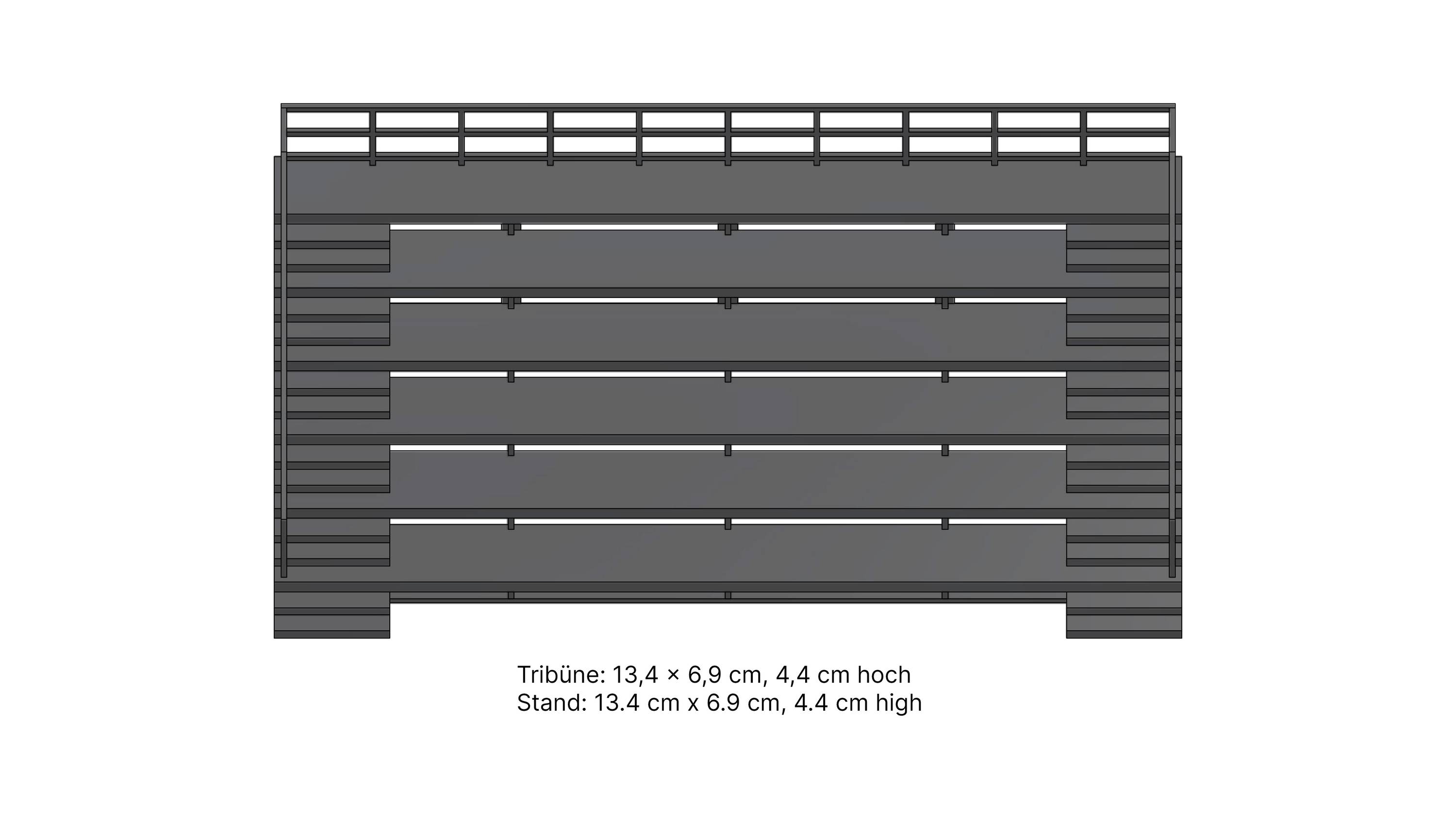 Een grijze tribune met meerdere treden. Afmetingen zijn aangegeven: Tribune is 13,4 x 6,9 cm, 4,4 cm hoog. Standaard is 13,4 cm x 6,9 cm, 4,4 cm hoog.