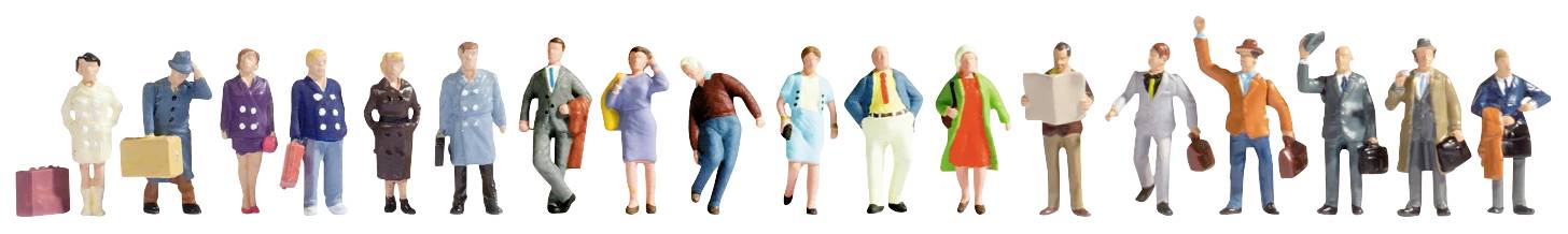Een reeks miniatuurfiguren in zakelijke kleding die verschillende beroepen voorstellen, zoals een zakenvrouw, arts en ambachtsman.